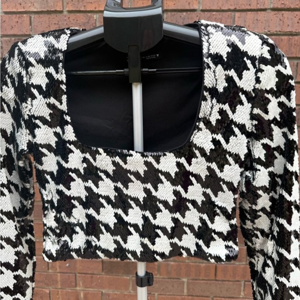 ZARA Black White Sequin Houndstooth Crop Top Long Sleeve Womens Size XS - Picture 4 of 8